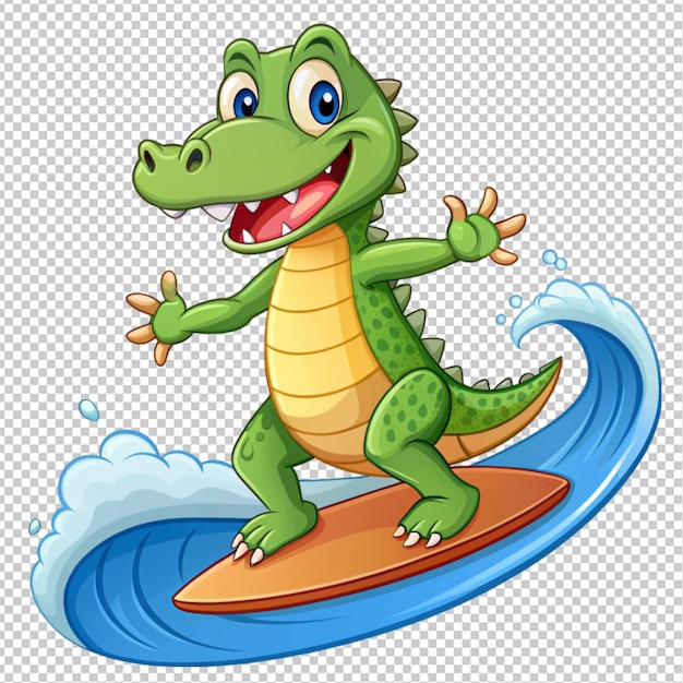 un simpático cocodrilo surfeando en una tabla de surf de dibujos animados sobre un fondo transparente