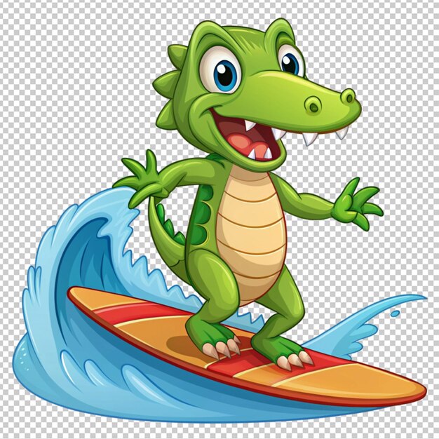 un simpático cocodrilo surfeando en una tabla de surf de dibujos animados sobre un fondo transparente