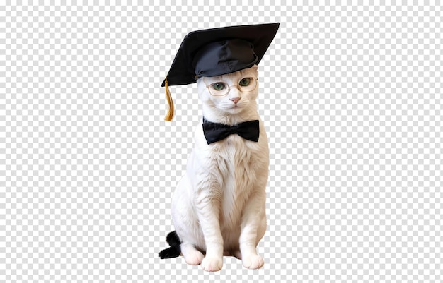 Simpatico gatto che indossa cappello da laurea e farfallino seduto isolato su sfondo trasparente