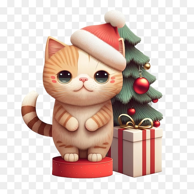 simpatico gatto di natale che indossa un cappello da Babbo Natale davanti all'albero di natale e presente.