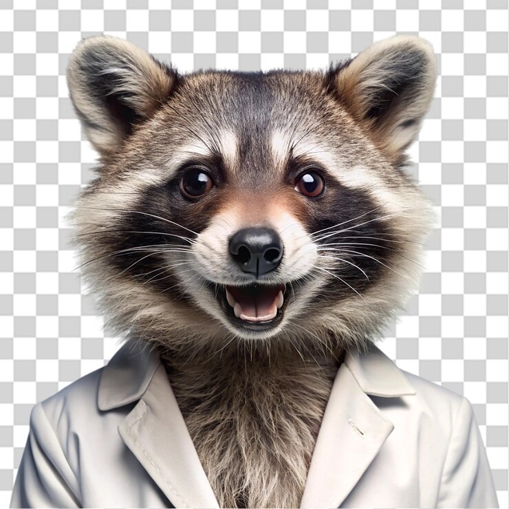 PSD un simpático mapaches sonriente con un retrato de bata de laboratorio aislado en un fondo transparente