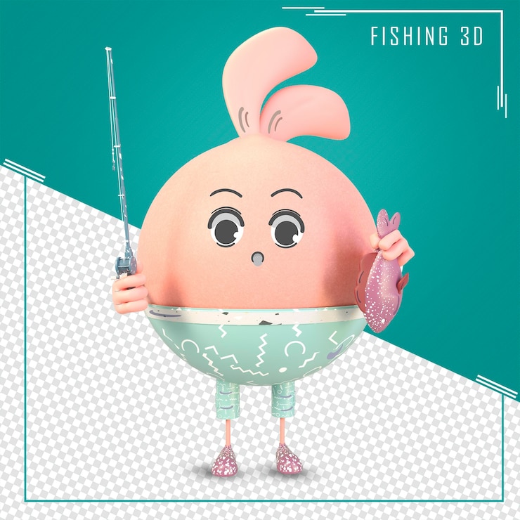 PSD simpatico personaggio 3d cattura pesce con faccia scioccata