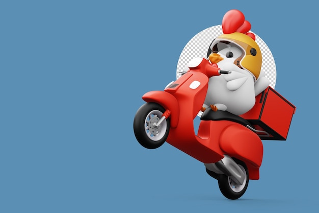 Simpatico pollo in sella a scooter consegna pollo 3d rendering