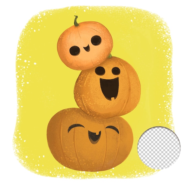 Simpatico set di tre zucche intagliate felici in stile kawaii isolate su sfondo giallo