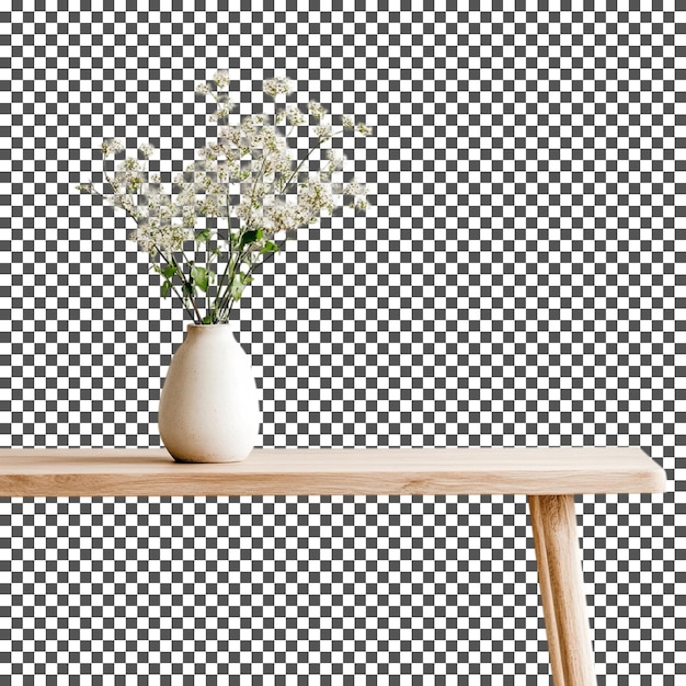 Un simple bureau en bois avec un vase de fleurs isolé sur un fond transparent