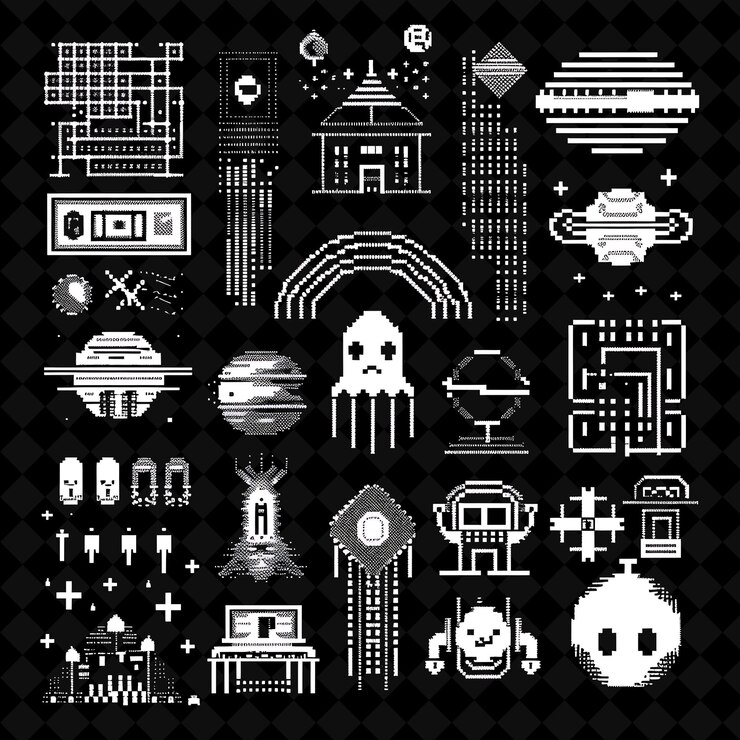 PSD simple enano blanco de 8 bits de píxeles con atmósfera y enfriamiento de una forma de y2k neon colores colecciones de arte
