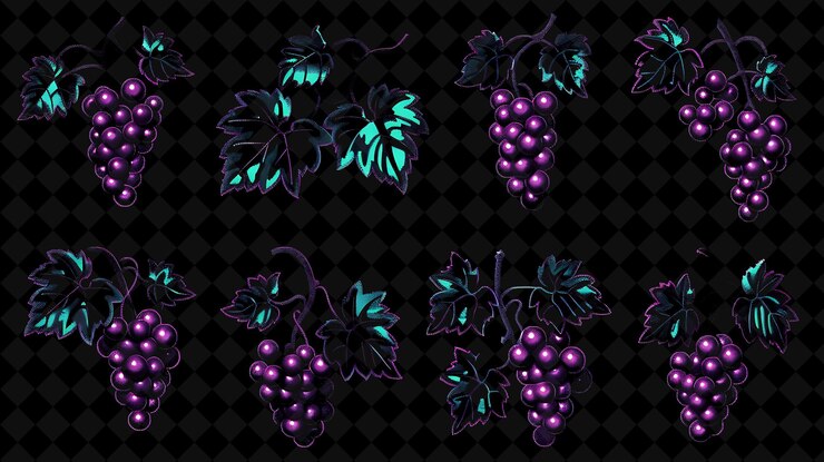 PSD simple grapes 8 bit pixel con vides y hojas y checkere y2k forma colores de neón colecciones de arte