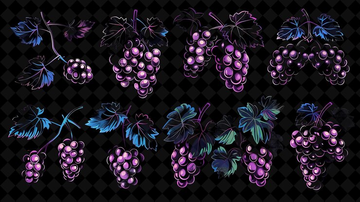 PSD simple grapes 8 bit pixel con vides y hojas y checkere y2k forma colores de neón colecciones de arte