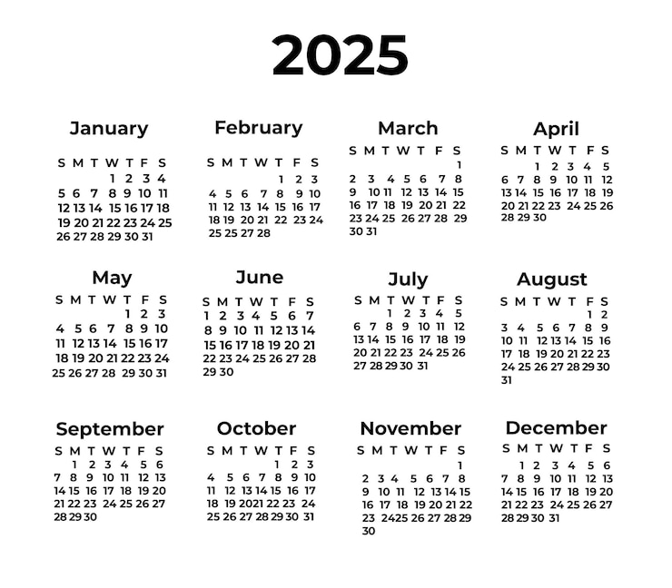 PSD simple minimalistic 2025 calendar over white surface white background