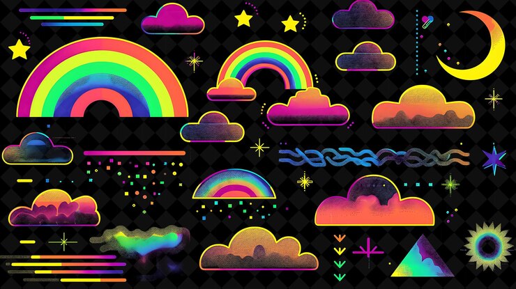PSD simple rainbow 16 bit pixel con bandas de color y nubes en forma de y2k colecciones de arte en color de neón