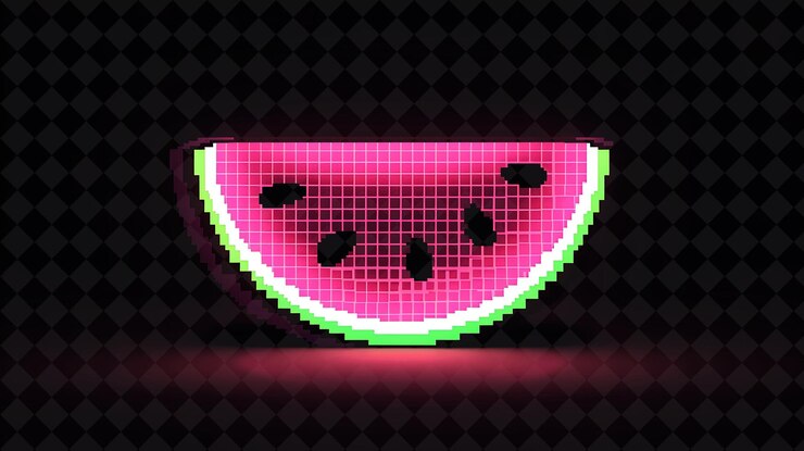 PSD simple sandía de 8 bits de píxeles con corteza y semillas y checke y2k forma de neón colecciones de arte de color