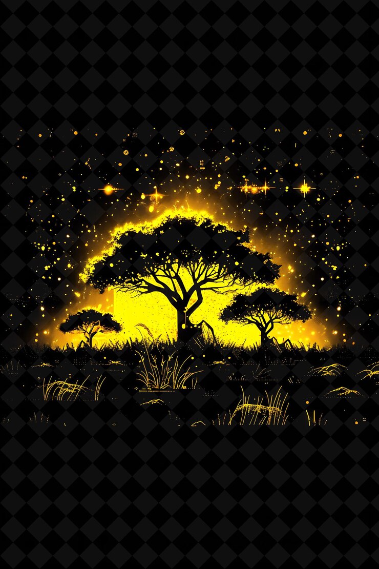 PSD simple savanna 16 bit pixel con hierba y árboles de acacia y colecciones de arte de color de neón de forma y2k