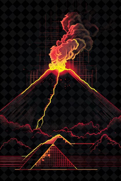 PSD simple volcano 8 bit pixel avec de la lave et de la fumée et des collections d'art de couleur au néon de forme géométrique y2k