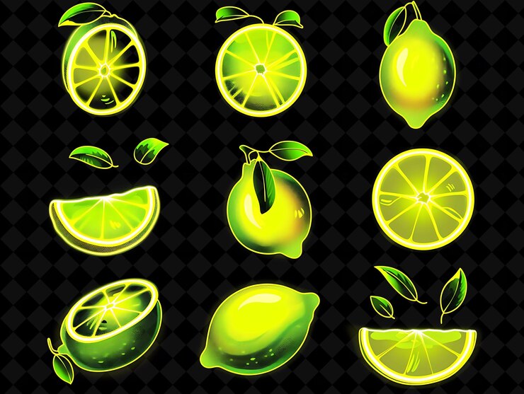 PSD simplemente limón 16 bits píxel con hojas y rebanadas y rayas y2k forma neón colecciones de arte de color