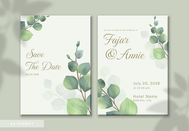 Simples e elegante modelo de convite de casamento em aquarela de eucalipto frente e verso