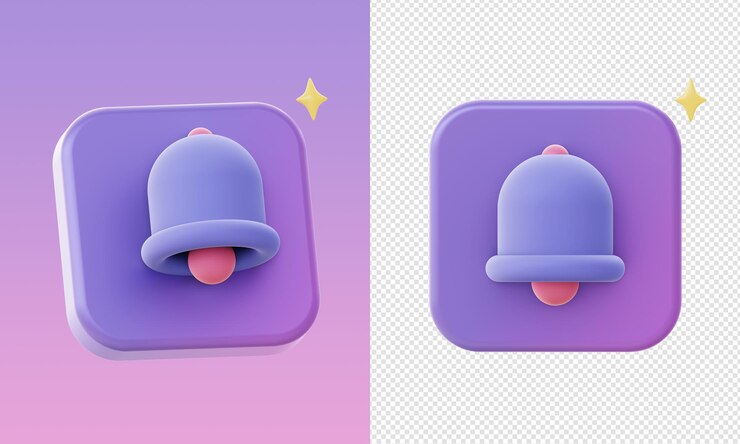 PSD simples iconos de campana de notificación púrpura 3d para diseños de anuncios de redes sociales de aplicaciones móviles web ui ux