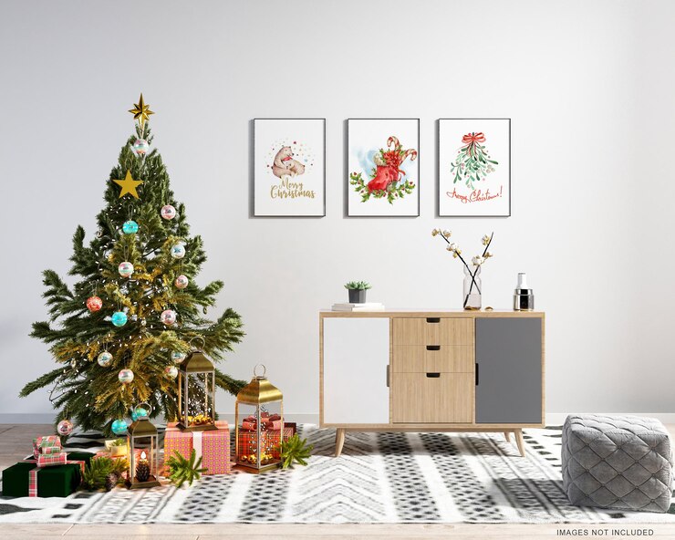 PSD simulacros de carteles interiores con árbol de navidad