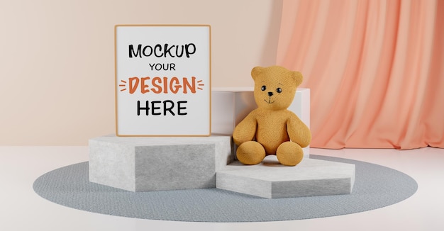 Simulacros de marco de póster con lindo oso de peluche para una representación 3D de baby shower