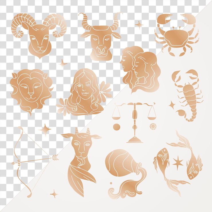 PSD sinais do zodíaco elemento de colagem png conjunto de desenho dourado em fundo transparente