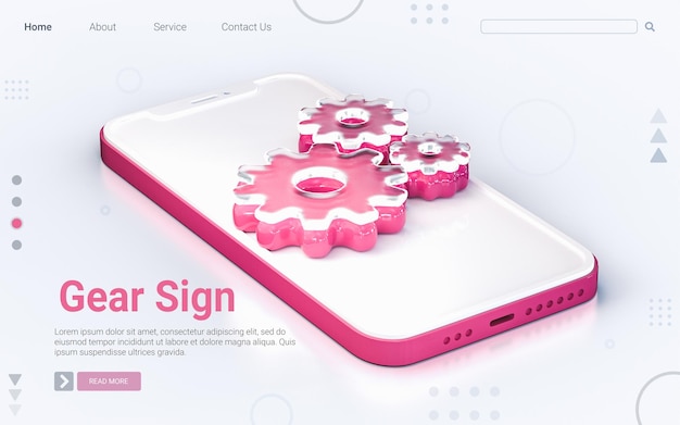 sinal de engrenagem no telefone celular isolado fundo branco conceito de renderização 3D para página de destino do banner da web