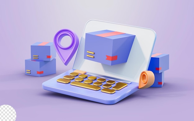 sinal de laptop com conceito de renderização 3d de caixa de encomendas de localização para sistema de entrega online
