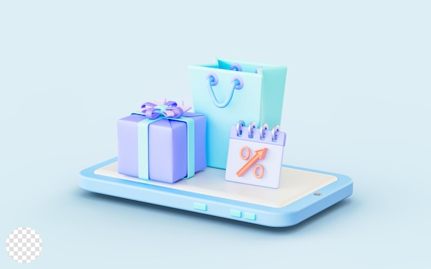 Sinal de smartphone com calendário de saco de compras giftbox conceito de renderização 3d para desconto em compras on-line