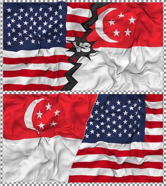 Singapur contra los Estados Unidos Media bandera combinada Tela textura de golpe Relación bilateral Renderizado en 3D