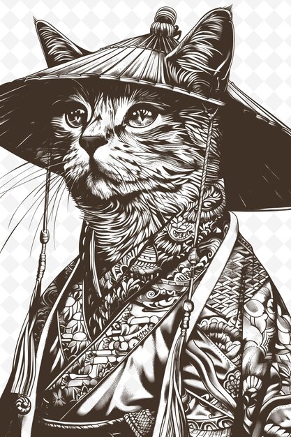 PSD singapura gato vestindo um chapéu tradicional chinês com um animal sábio sketch art vector collections