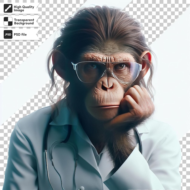 PSD un singe portant un manteau de laboratoire et des lunettes pose pour une photo
