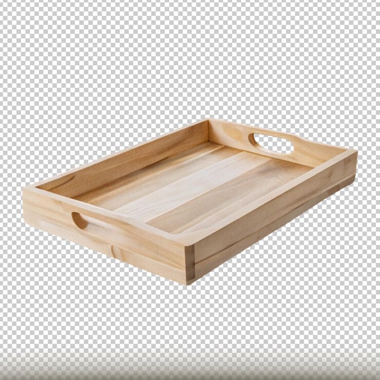 PSD single empty wooden serving trays isolated on transparent background