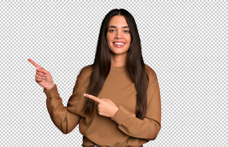 PSD sintiéndose alegre y sorprendido sonriendo con una expresión de asombro y señalando hacia un lado
