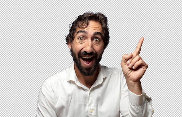 sintiéndose como un genio feliz y emocionado después de darse cuenta de una idea levantando alegremente el dedo eureka