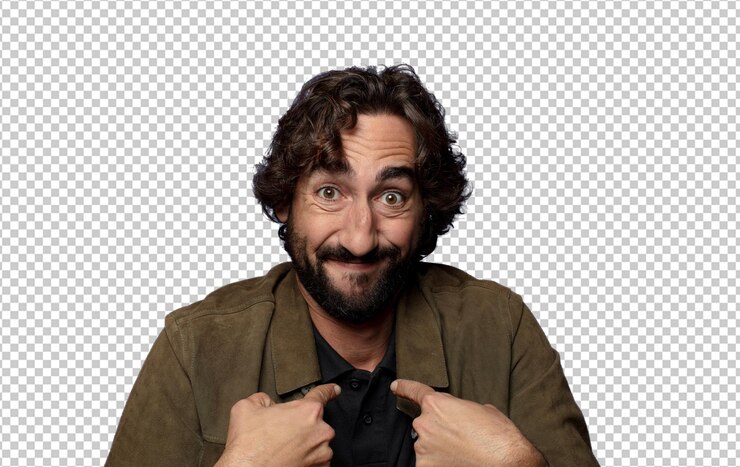 PSD sintiéndose feliz, sorprendido y orgulloso, señalando a sí mismo con una mirada emocionada y asombrada.