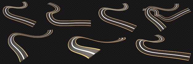 Sinuoso camino curvo o carretera de dos carriles con marcas aisladas conjunto de ilustración de iconos 3d