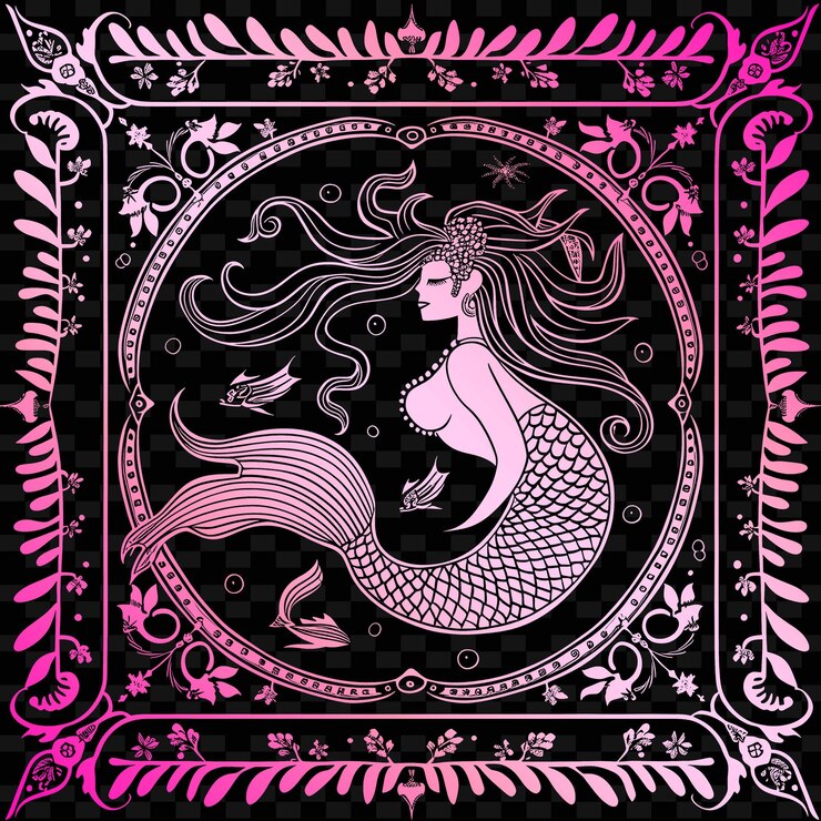 PSD una sirena está sentada en un marco rosa y negro con una sirena en él