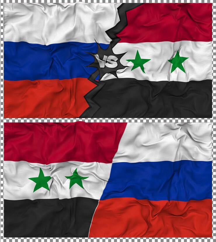 PSD síria contra rússia meia bandeira combinada textura de tecido de bump renderização 3d