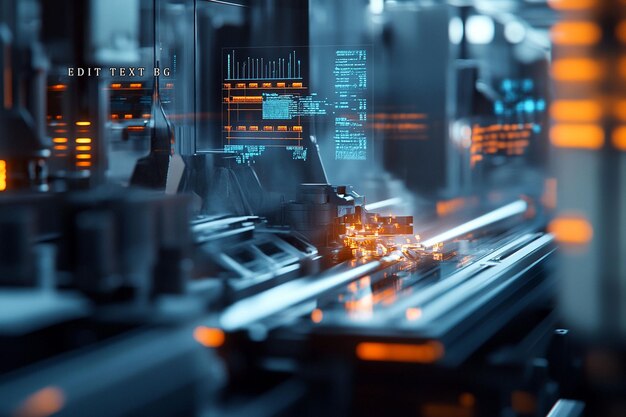Sistema de automatización de fábrica futurista con pantallas digitales y brazo robótico