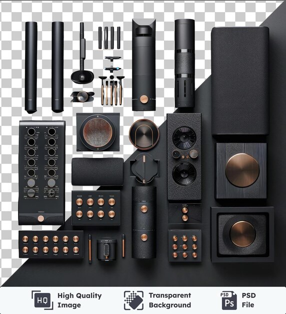 PSD sistema de cine en casa de lujo instalado en una mesa negra con varios altavoces, incluido un altavoz gris y negro un altavoce negro y gris y un altavoze gris y negro contra un