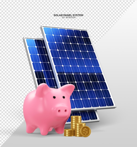 Sistema de painel solar com cofrinho e moeda de ouroRealistic 3D Render