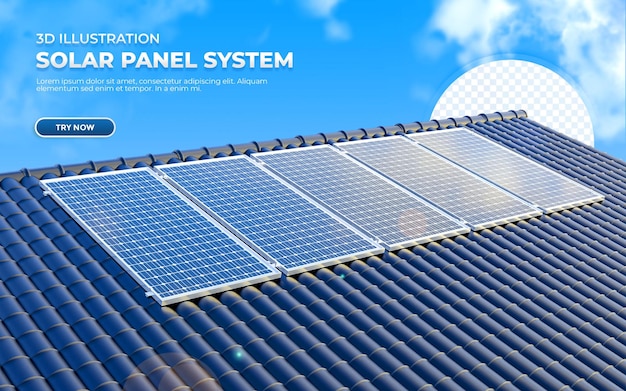 Sistema de painel solar de ilustração 3D realista no telhado com fundo do céu