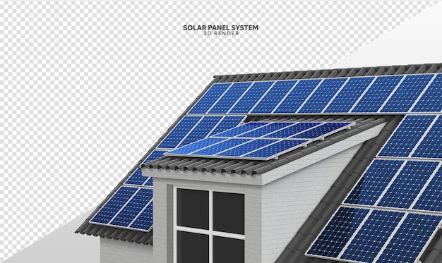 Sistema di pannelli solari sul tetto della casa Rendering 3D realistico isolato per la composizione