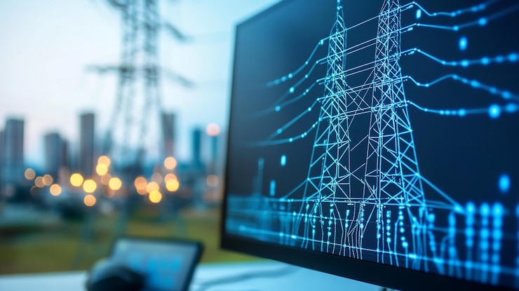 PSD sistema de monitoreo de la red eléctrica mostrado en la pantalla de la computadora con la ciudad y las torres de transmisión de energía en el fondo