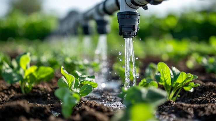 PSD sistema de riego que riega a las plantas jóvenes en un campo agrícola