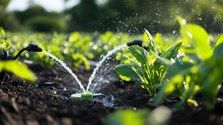 PSD sistema de riego que riega plantas verdes vibrantes en un campo fértil