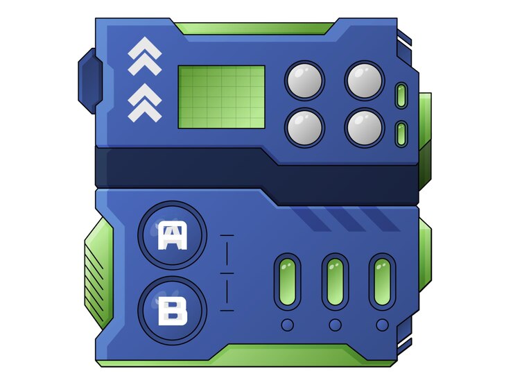 PSD un sistema de videojuego azul y verde con la palabra f2 en la parte inferior