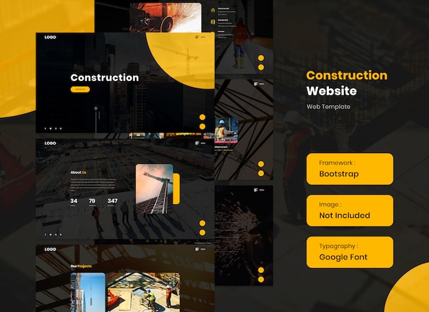 PSD site de construction en mode sombre et plein écran