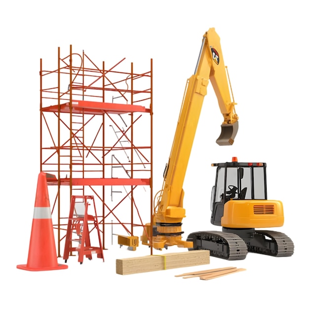 Site de construção com andaime de escavadora amarela e equipamento de segurança Máquina industrial 3D