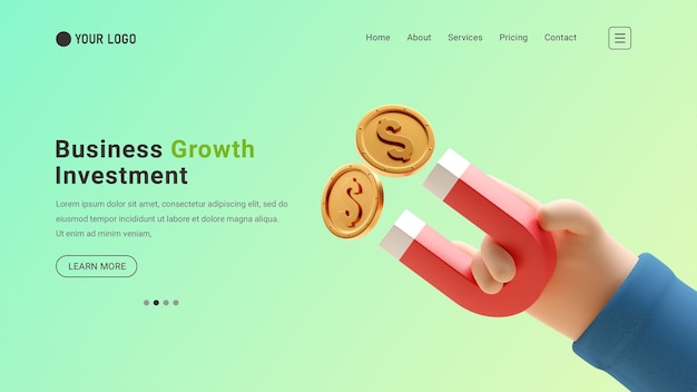 Site de página de destino de investimento de crescimento de negócios com ímã de mão 3d atrai moedas de dólar