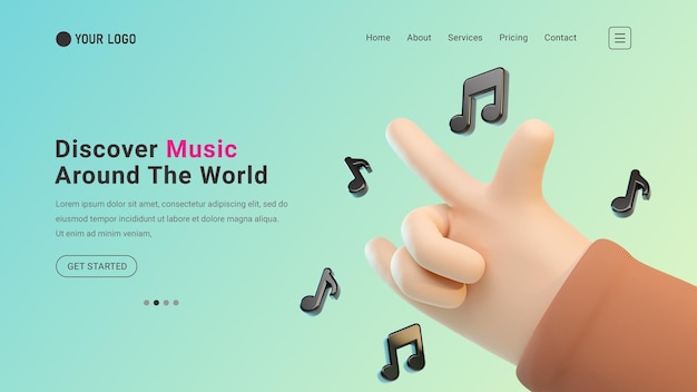 Site de página de destino de música com gesto de pedra 3D e ícones de notas musicais