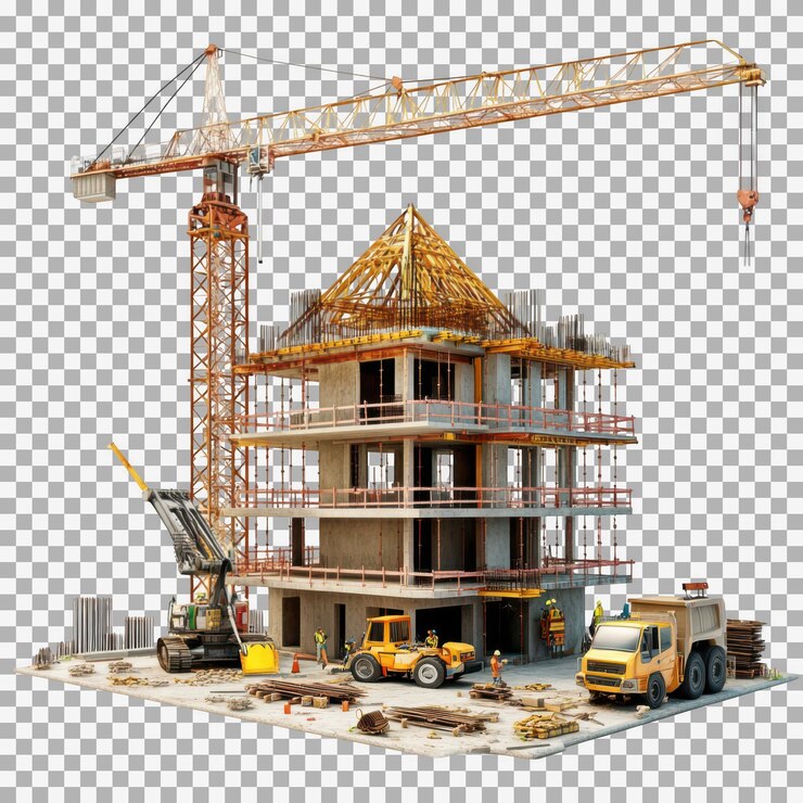 PSD sitio de construcción realista con grúas y edificios en construcción aislados en fondo transparente renderización 3d